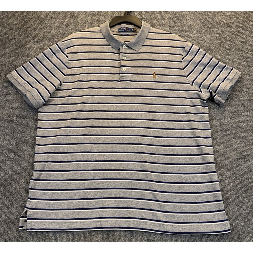 Polo Ralph Lauren Striped Polo Shirt Men's Size Large Classic Fit Gray Blue